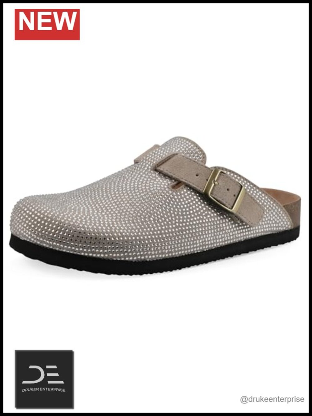 Leather Clog with Rhinestone Detail and Adjustable Buckle